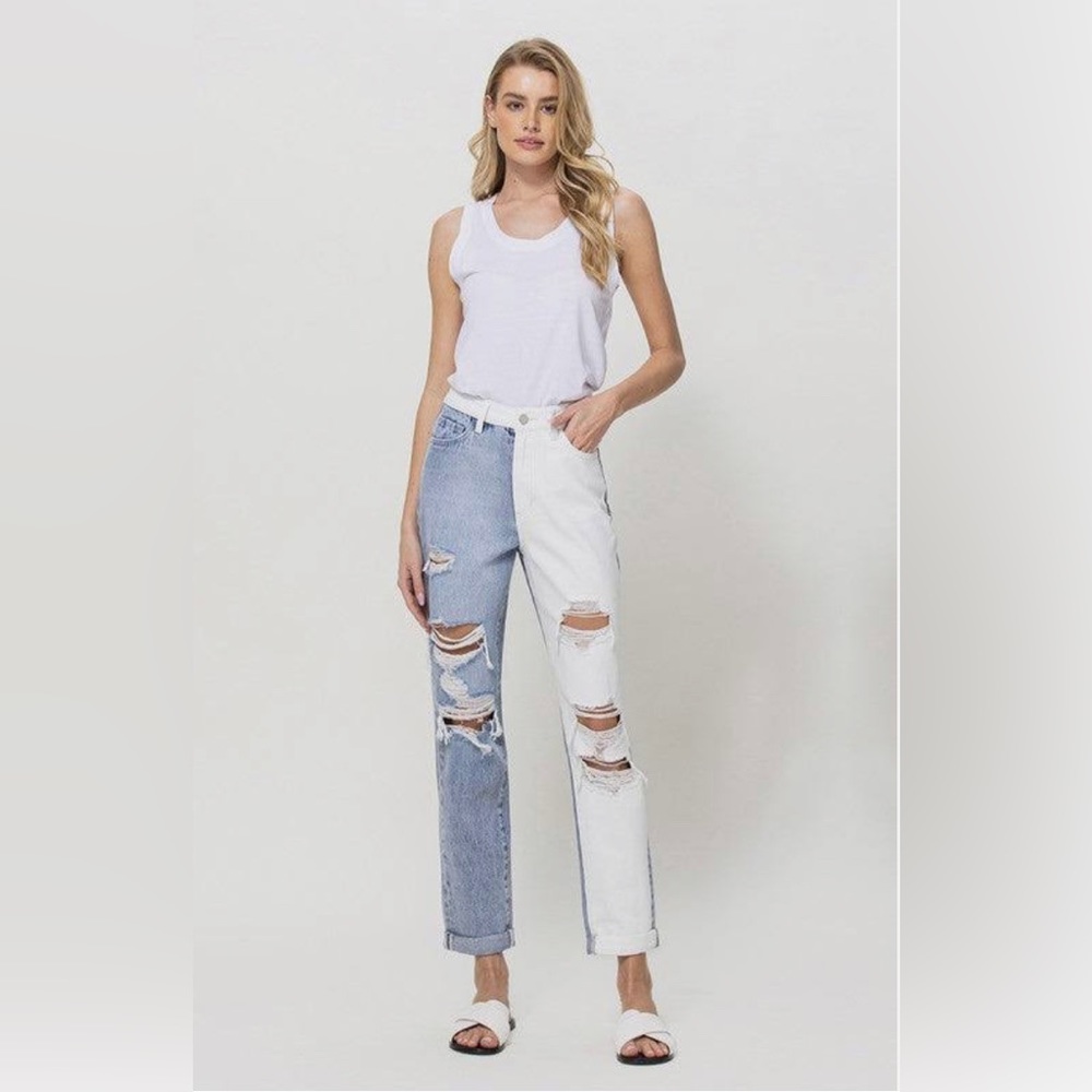 VERVET BY FLYING MONKEY Two-Tone Distressed Jeans in Light Blue and White